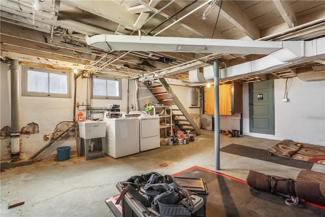 4128 Winterburn, Greenfield, PA 15207 - basement featuring a sink, washing machine and dryer, and stairs