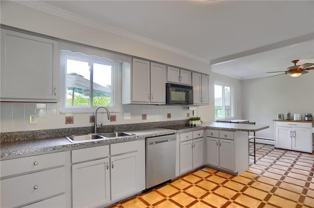 kitchen with crown molding, a sink, a baseboard radiator, black appliances, and a peninsula