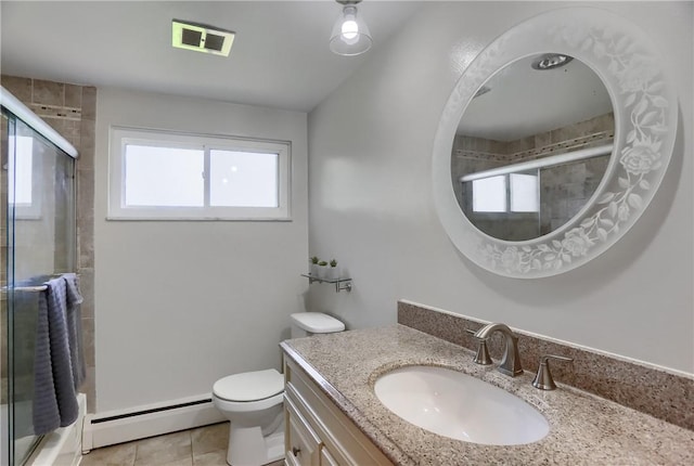 bathroom featuring plenty of natural light, a baseboard radiator, visible vents, and tiled shower