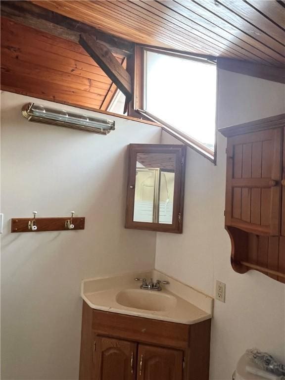 420 Church St, Harrisville Boro, PA 16038 - bathroom featuring wooden ceiling and vanity