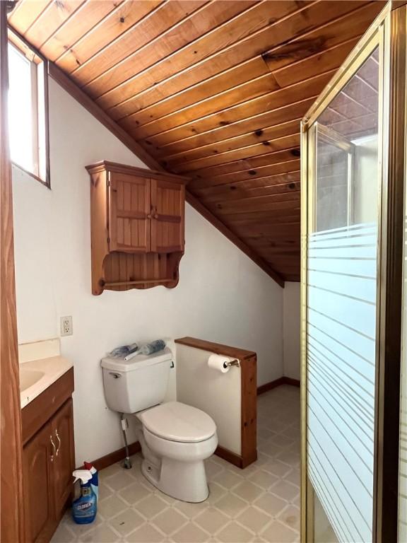 420 Church St, Harrisville Boro, PA 16038 - full bathroom with vaulted ceiling, vanity, wooden ceiling, baseboards, and toilet