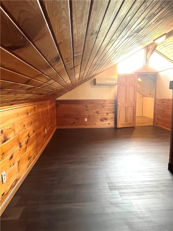 420 Church St, Harrisville Boro, PA 16038 - additional living space featuring wood walls, wood ceiling, lofted ceiling, and dark wood-type flooring