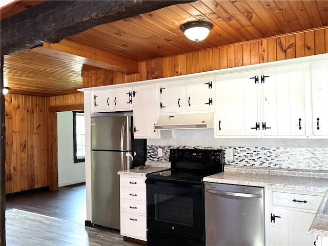420 Church St, Harrisville Boro, PA 16038 - kitchen featuring wood walls, stainless steel appliances, backsplash, wooden ceiling, and under cabinet range hood