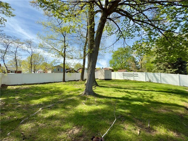 view of yard featuring a fenced backyard, an outbuilding, and a storage shed