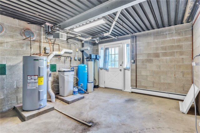 utility room with visible vents, a baseboard heating unit, and electric water heater