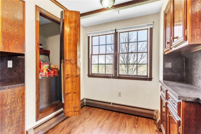 interior space with light wood-style floors, baseboards, a baseboard radiator, and a wealth of natural light
