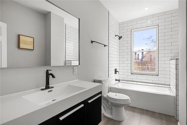 7314 Monticello St, Homewood-Brushton, PA 15208 - bathroom featuring tile patterned flooring, vanity, toilet, recessed lighting, and tub / shower combination