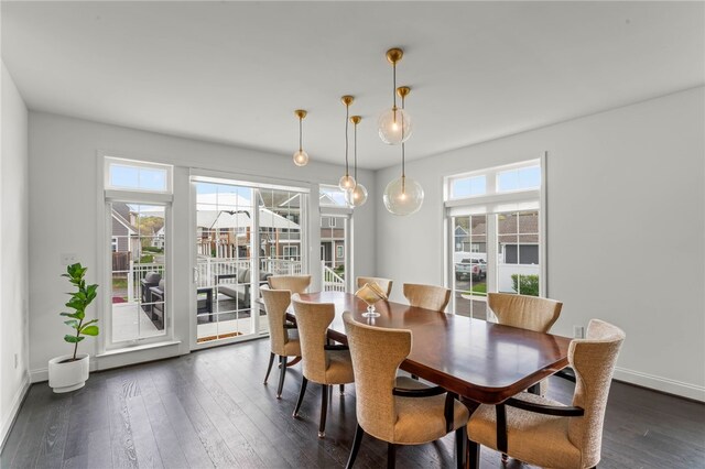 dining area featuring baseboards, dark wood-style floors, and plenty of natural light