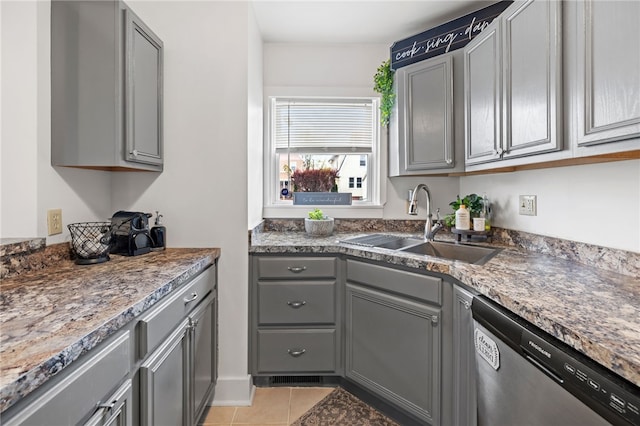 1629 Davidson St, Aliquippa, PA 15001 - kitchen featuring a sink, light tile patterned floors, dishwasher, and gray cabinetry