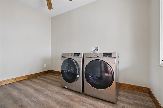 2715 Mission St, South Side, PA 15203 - laundry area featuring laundry area, a ceiling fan, washing machine and clothes dryer, wood finished floors, and baseboards