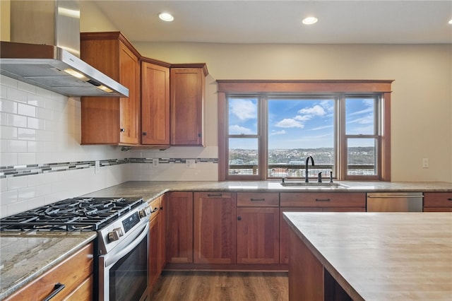 2715 Mission St, South Side, PA 15203 - kitchen with recessed lighting, a sink, wall chimney range hood, and stainless steel appliances