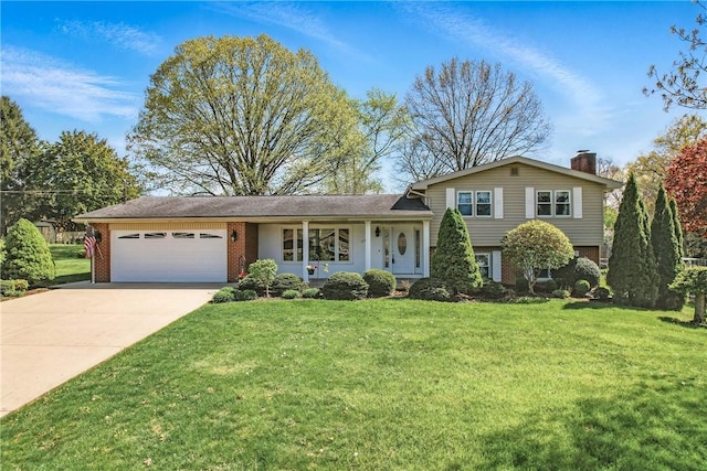 3640 Ridgewood Dr, Hermitage, PA 16148 - split level home with a chimney, a front yard, brick siding, concrete driveway, and an attached garage