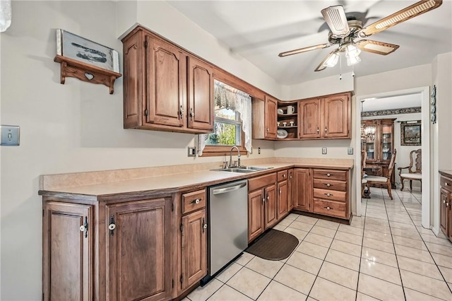 3640 Ridgewood Dr, Hermitage, PA 16148 - kitchen with open shelves, ceiling fan, a sink, light countertops, and stainless steel dishwasher