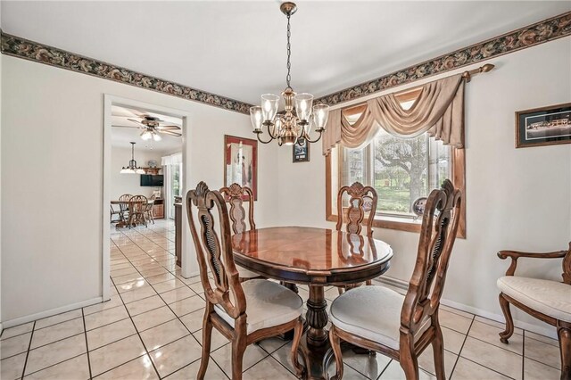 3640 Ridgewood Dr, Hermitage, PA 16148 - dining room featuring light tile patterned floors, baseboards, and ceiling fan with notable chandelier
