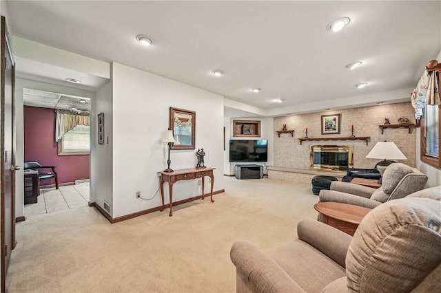 3640 Ridgewood Dr, Hermitage, PA 16148 - living room featuring visible vents, a brick fireplace, baseboards, light colored carpet, and recessed lighting