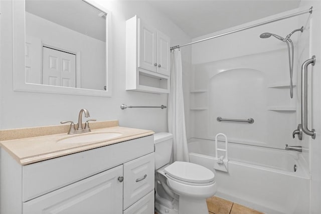 bathroom with vanity, tile patterned floors, shower / bath combination with curtain, and toilet