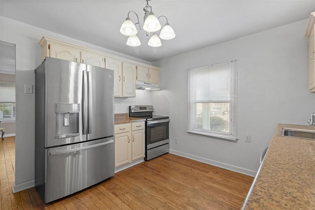 kitchen featuring appliances with stainless steel finishes, a sink, baseboards, an inviting chandelier, and under cabinet range hood