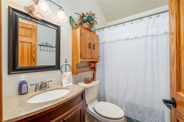 full bath with vanity, toilet, and a shower with curtain
