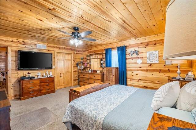 bedroom with ceiling fan, visible vents, wooden ceiling, wooden walls, and carpet