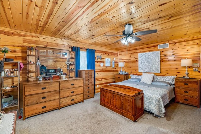 bedroom featuring carpet floors, wood ceiling, wood walls, and visible vents