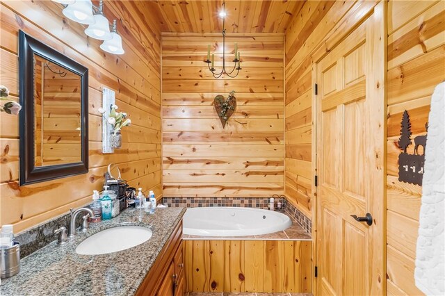 full bathroom with vanity, wood walls, a bath, and wooden ceiling
