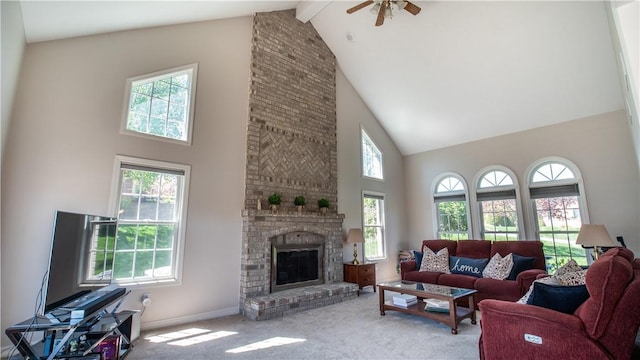 107 Skyview Dr, Buffalo Twp But, PA 16055 - carpeted living room featuring a fireplace, beamed ceiling, baseboards, high vaulted ceiling, and a ceiling fan