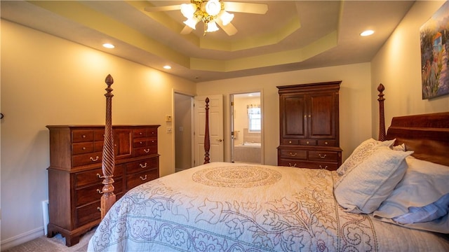 107 Skyview Dr, Buffalo Twp But, PA 16055 - bedroom with carpet flooring, ceiling fan, ensuite bath, recessed lighting, and a tray ceiling
