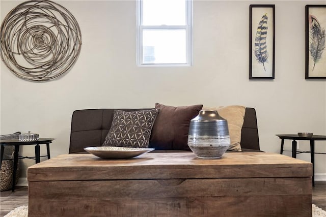 living area featuring baseboards and wood finished floors