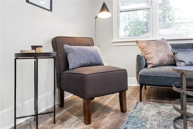 living area featuring baseboards and wood finished floors