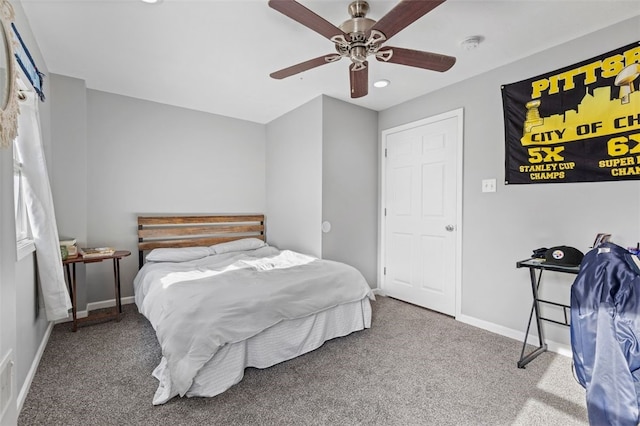 carpeted bedroom with baseboards, a ceiling fan, and recessed lighting