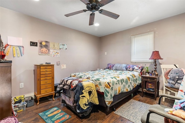 bedroom featuring a ceiling fan, recessed lighting, and wood finished floors