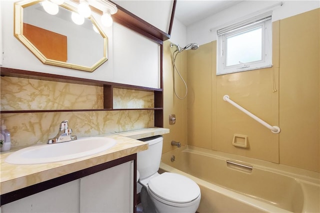 full bath with vanity, tasteful backsplash, shower / bathtub combination, and toilet