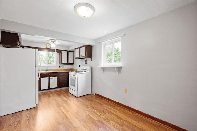 kitchen featuring a sink, a ceiling fan, a wealth of natural light, and white appliances