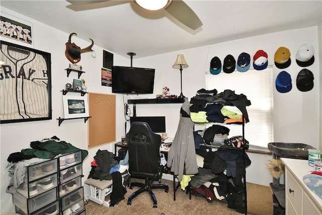 interior space with ceiling fan and carpet