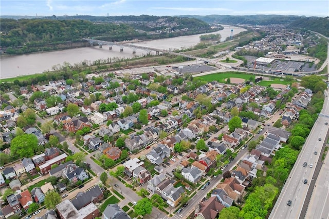 aerial view featuring a water view and a residential view
