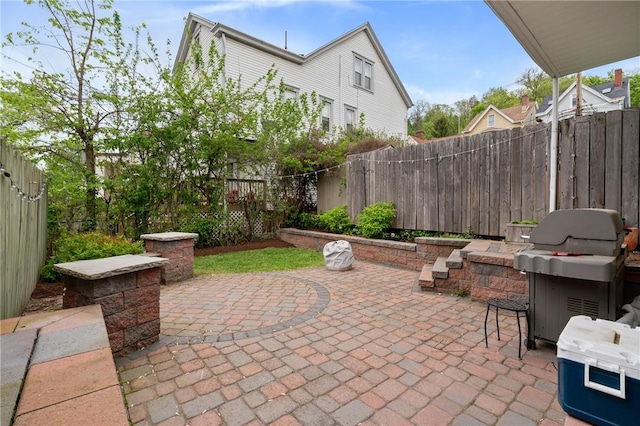 view of patio / terrace featuring a fenced backyard and grilling area