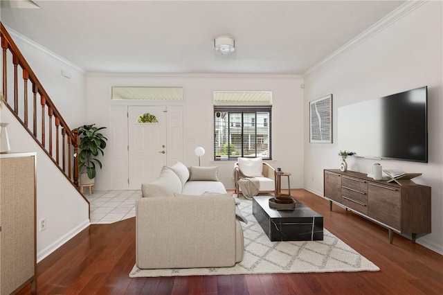411 Center Ave, Aspinwall, PA 15215 - living room featuring ornamental molding, wood finished floors, stairs, and baseboards