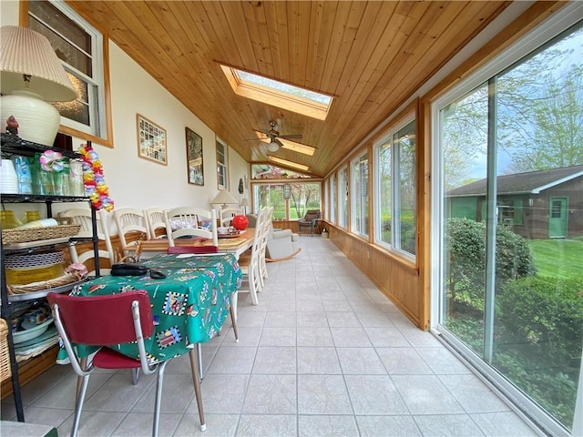 sunroom with tile patterned flooring, wood ceiling, and lofted ceiling with skylight
