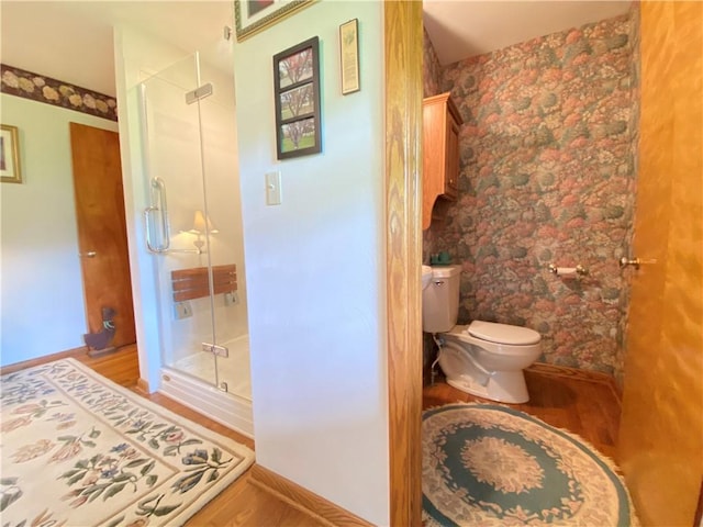 bathroom with baseboards, a stall shower, wood finished floors, and toilet