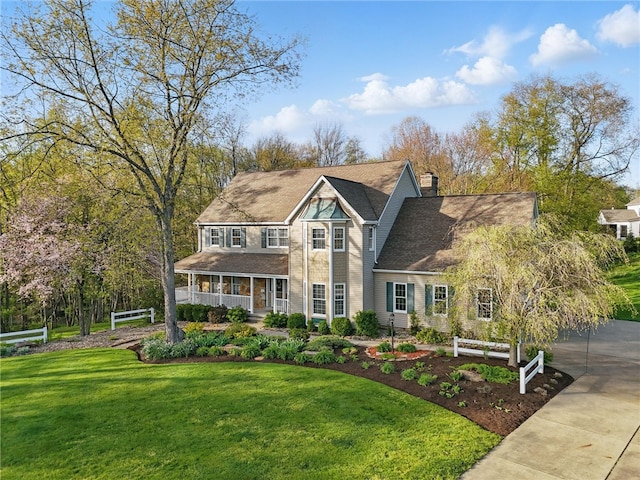view of front facade featuring concrete driveway, a porch, a chimney, and a front yard