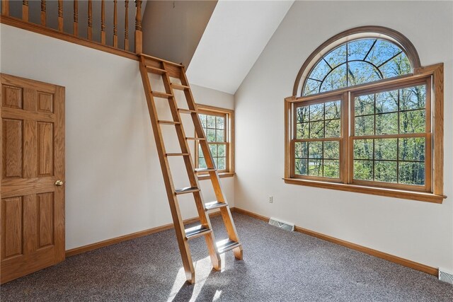 interior space with visible vents, baseboards, and lofted ceiling