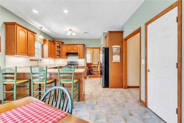 204 Salt Works Rd, Lancaster Twp, PA 16037 - kitchen with appliances with stainless steel finishes, under cabinet range hood, a peninsula, tasteful backsplash, and light countertops
