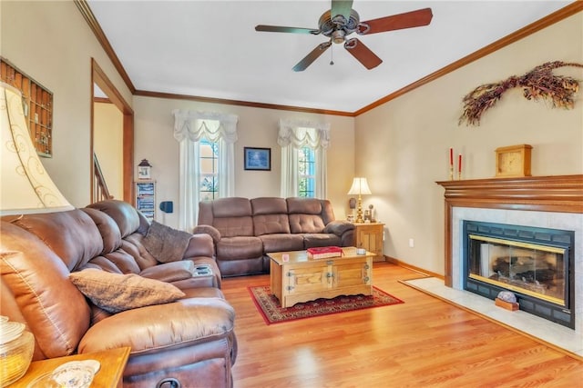 204 Salt Works Rd, Lancaster Twp, PA 16037 - living area with wood finished floors, ceiling fan, crown molding, and a fireplace