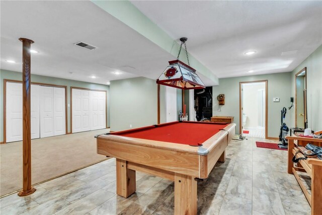 204 Salt Works Rd, Lancaster Twp, PA 16037 - game room with recessed lighting, billiards table, and light colored carpet