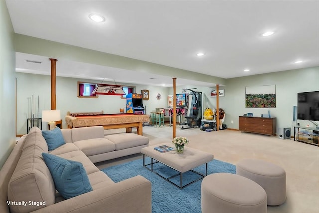 204 Salt Works Rd, Lancaster Twp, PA 16037 - carpeted living area with recessed lighting and pool table