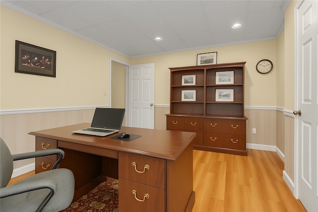204 Salt Works Rd, Lancaster Twp, PA 16037 - office area with wainscoting, light wood-style flooring, ornamental molding, and recessed lighting