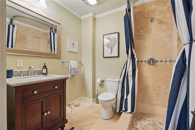 full bath featuring crown molding, vanity, toilet, baseboards, and tiled shower