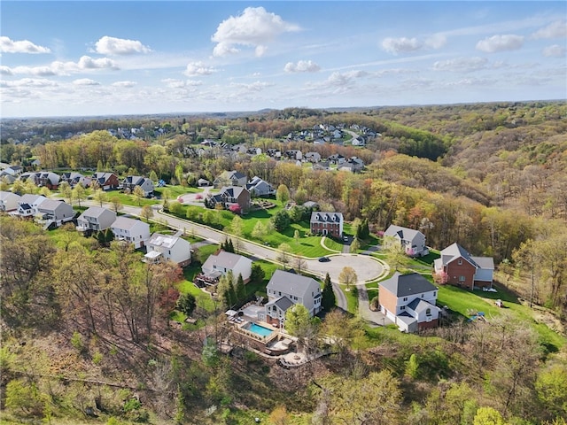 birds eye view of property featuring a wooded view and a residential view