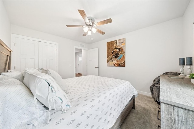 406 Spruce Ln, Chartiers, PA 15342 - carpeted bedroom featuring baseboards, visible vents, ceiling fan, and a closet