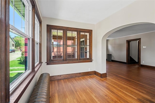 unfurnished room with baseboards, arched walkways, wood-type flooring, and a wealth of natural light